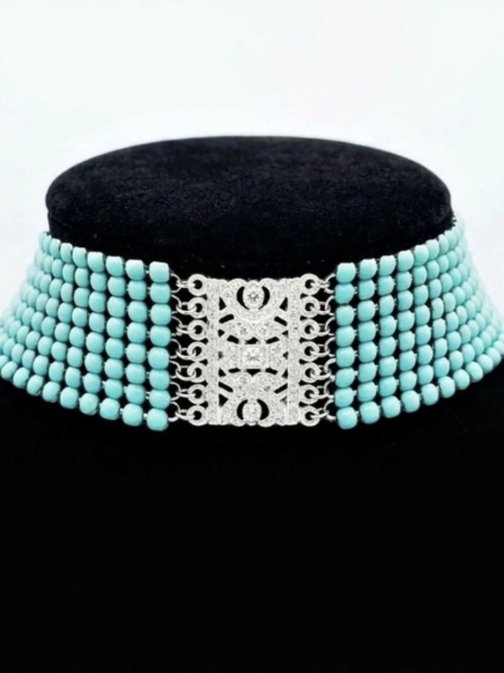 Vtg Art Deco Style Mint Turquoise Enamel Mesh Wide Choker Necklace Filigree Boho